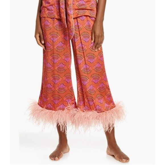 Kilo Brava Feather Trim Shell Print Pants S | Vacation Lounge Party Glam Look - Picture 1 of 15